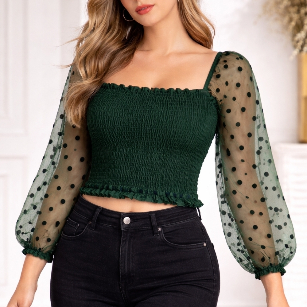 Emerald Green Top with Polka Dot Tulle Sleeves, Crop Style, Elegant, Size
